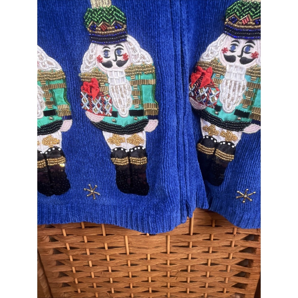 VTG Christopher Radko Christmas Zip Up Cardigan XL Beaded Nutcracker Blue - Picture 9 of 14